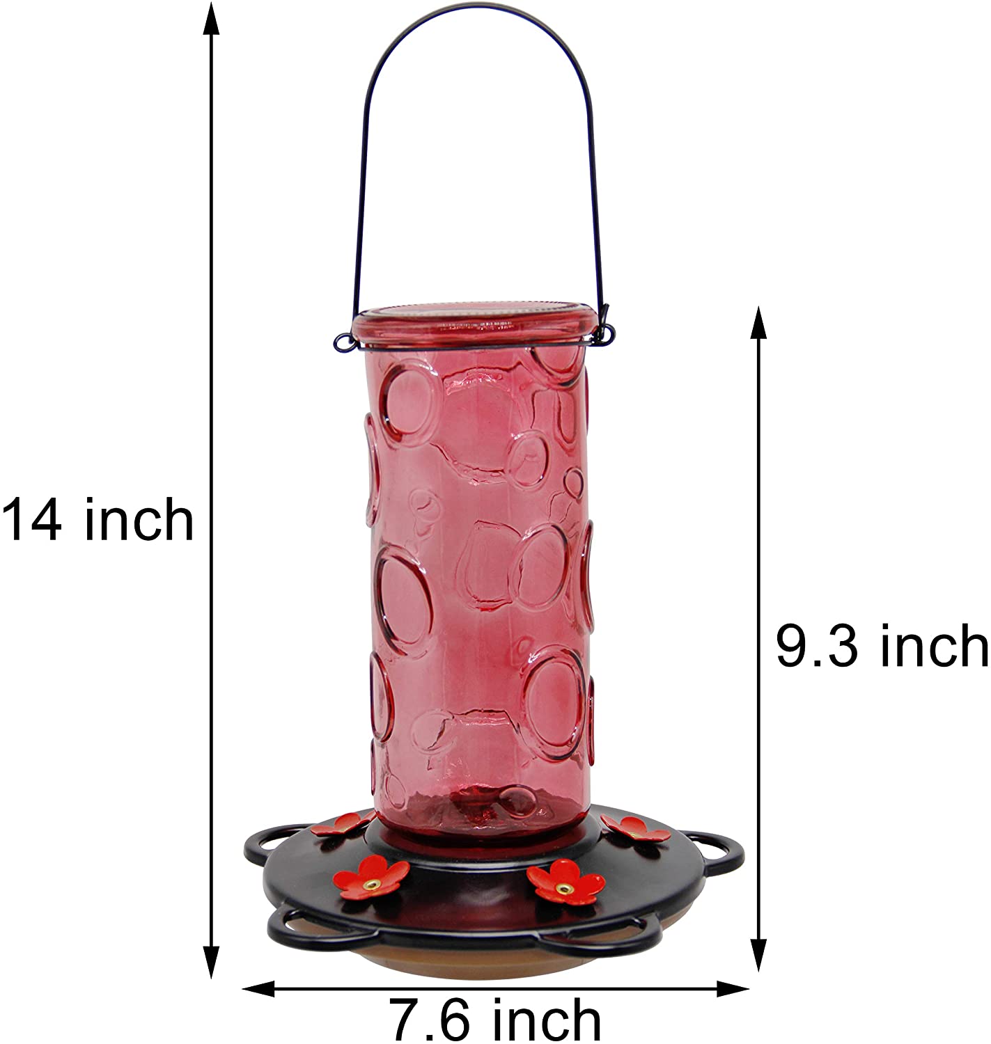 28 oz Glass Hummingbird Feeders for Outdoors, Wild Bird Feeder with 5 Feeding Ports, Metal Handle Hanging for Outdoor Garden Tree Yard, Red