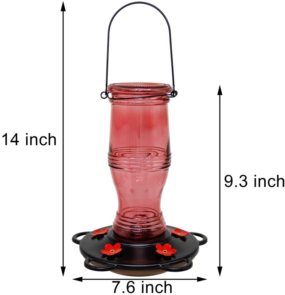 Glass Hummingbird Feeders for Outdoors, 26 oz Wild Bird Feeder with 5 Feeding Ports, Metal Handle Hanging for Garden Tree Yard Outside Decoration, Red